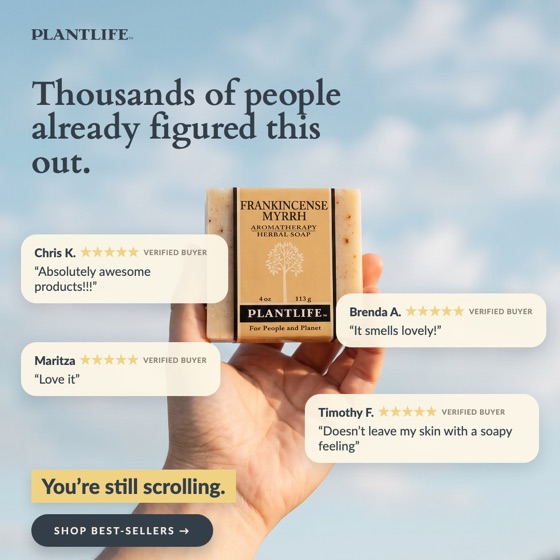 Ad with Frankincense Myrrh bar soap and customer reviews