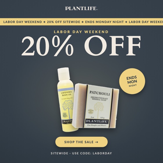 Labor Day weekend ad, 20% off sitewide, dark version